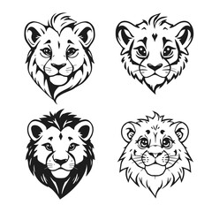 Lion face cartoon set, wild animal illustration, jungle predator drawing, cute lion head, black white vector icons