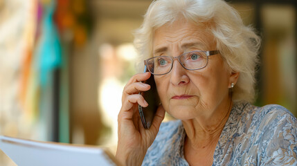 Worried elderly woman on phone holding paper, concerned about possible scam or fraud call, ideal for senior safety, cybercrime prevention and awareness