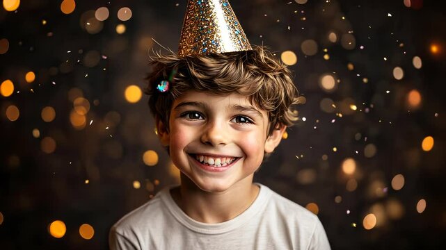 Cheerful hat, boy in golden colorful child beaming amid birthday confetti and soft festive lighting, marking milestone celebration video 4k
