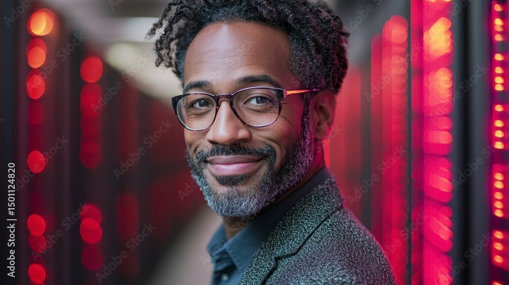 Poster smiling man with glasses in a tech corridor, lit with vibrant red lights, looking directly ahead