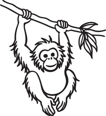 orangutan hanging on a branch line art, black outline, vector and illustration, coloring book page line art drawing