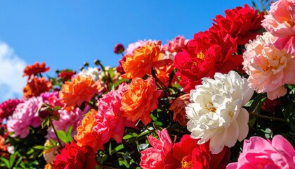 Fototapeta premium Blooming peonies, vibrant hues against a clear blue sky