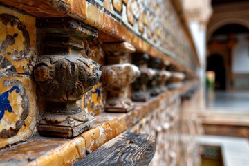 Decorative ceramic tiles and stone sculptures adorning spanish architecture