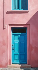 Photo Of A Pink Building With A Blue Door And Window in Direct Sunlight