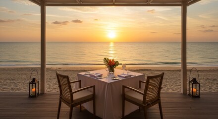 Photo of a Romantic Beach Sunset Dinner Table with Golden Lighting and Ocean View