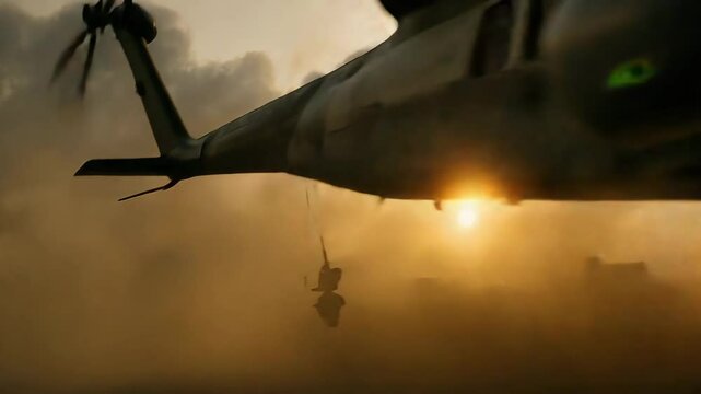 A military Helicopter taking off in a war zone