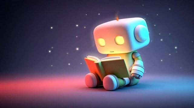 Cute robot reading glowing book, symbolizing learning and smart thinking in soft robotics, technology, ai education concept