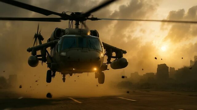 A military Helicopter taking off in a war zone