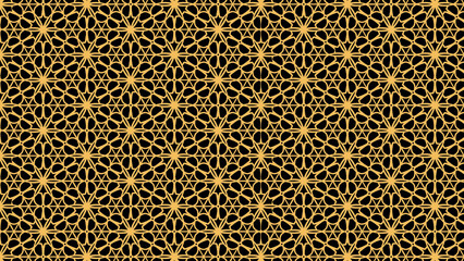Golden geometric pattern with floral elements on a black background in a seamless style