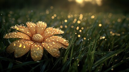 Dewy yellow flower on grass