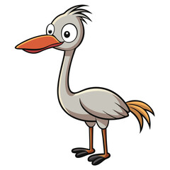 The cartoon heron with light gray feathers and orange beak stands alertly in place