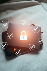 Protection from cyberattacks. Laptop security encryption with authentication app. Cyber...