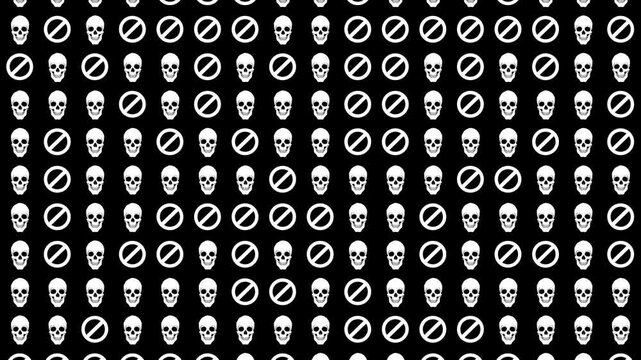 Abstract dynamic background with white skull and taboo signs on a black background. 4K