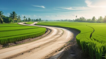 Serene Rural Landscape with Curving Dirt Road and Lush Green Rice Fields Under a Bright Sky
