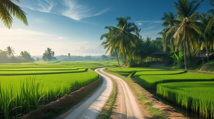 Serene rural landscape with lush green rice paddies and winding dirt path under clear blue sky