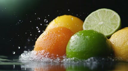 Lemon, lime, and grapefruit in energetic water explosion, clean black canvas,