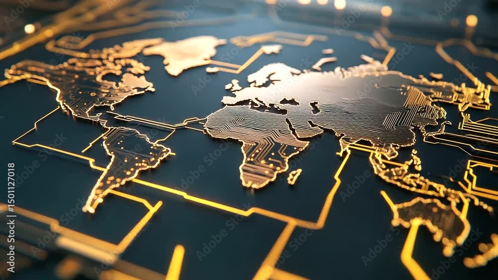 Poster a metallic chip with intricate circuitry shaped like the continents of earth, visualizing the semico