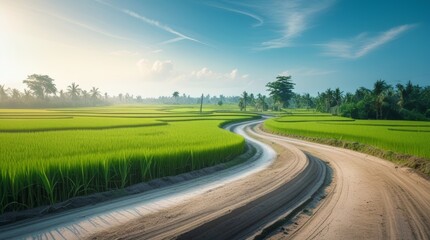 Serene rural scene featuring lush green rice paddies and winding dirt path under blue sky