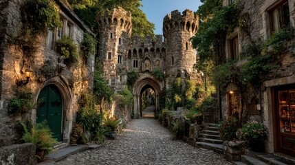 Fototapeta premium Cobblestone pathway leads through a medieval castle gate in a lush forest.