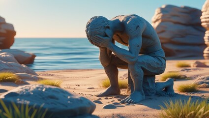 Serene sculpture of a kneeling crouch on a sandy beach with coastal rocks during sunset