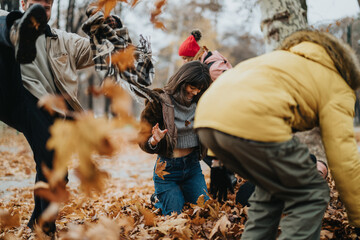 Friends gather in a park surrounded by autumn leaves, sharing fun and camaraderie as they engage in...