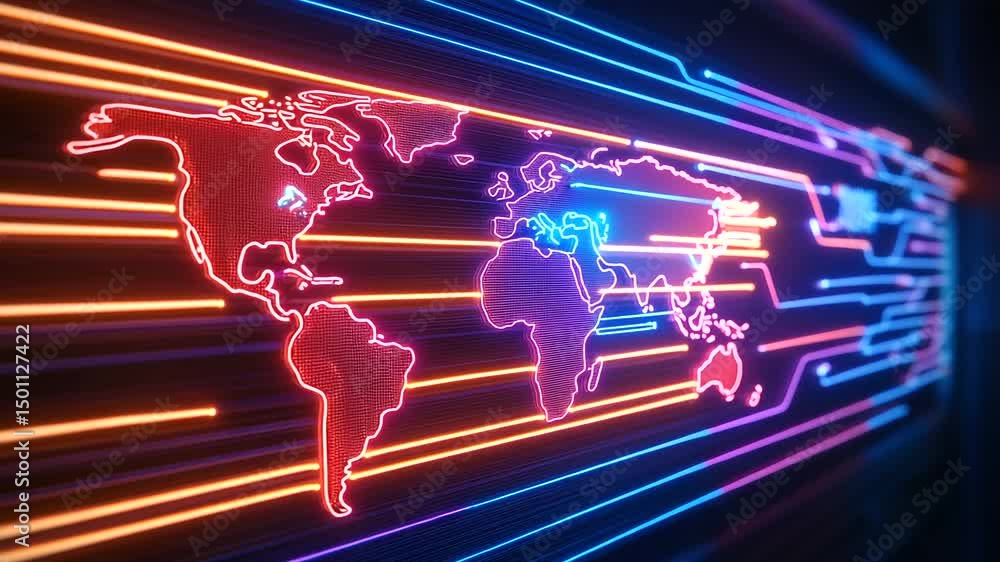 Aufkleber a neon-lit circuit board with a vibrant world map seamlessly integrated into its pathways, represent