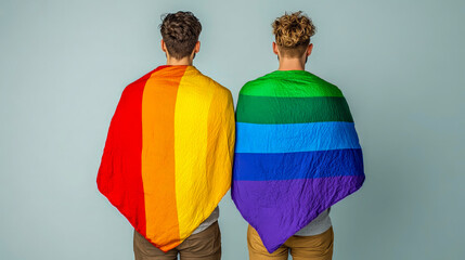 LGBTQ+ couple wrapped in rainbow pride flag from behind