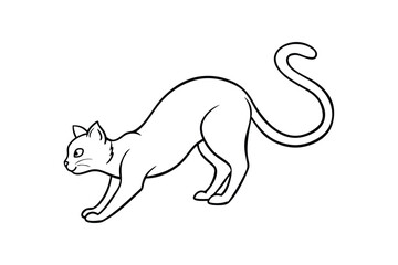 Line art illustration of a cat stretching with a curled tail.eps