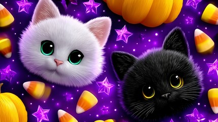 Whimsical Halloween Cats White, Black, Pumpkins, Candy. Perfect Kids Background.