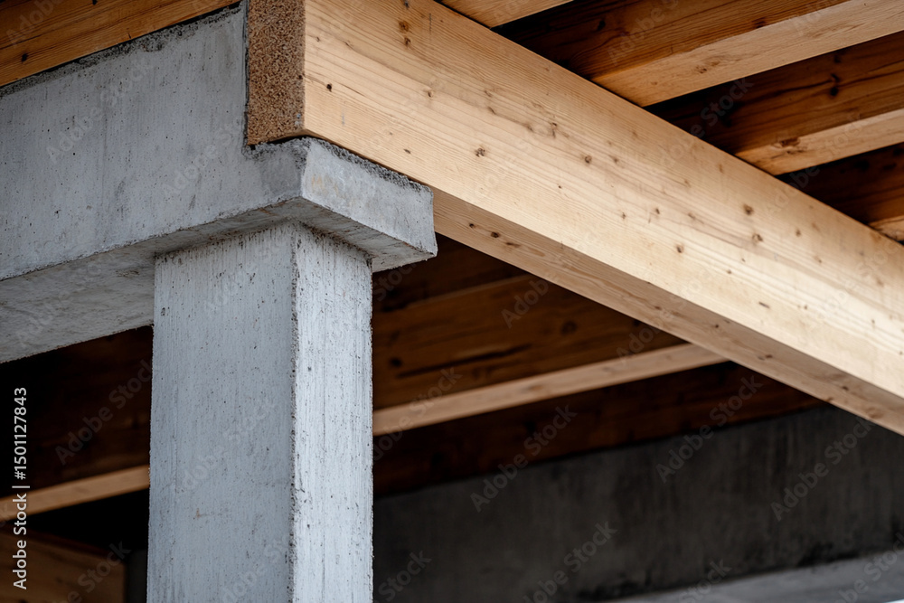 Aufkleber formwork installation creating structural support with wooden beams and concrete columns during cons