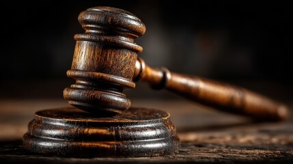 Wooden gavel rests on sound block in dark courtroom justice symbolism.
