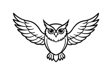 Line art illustration of a flying owl with wide wings and intense eyes.eps