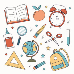 Hand-Drawn School Supplies Vector Set – Doodle Style Educational Elements Collection