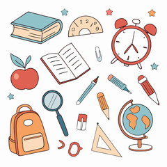 Hand-Drawn School Supplies Vector Set – Doodle Style Educational Elements Collection