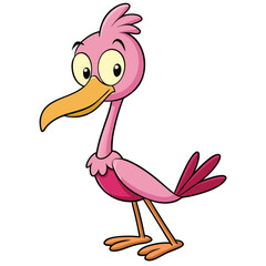 Cartoon pink flamingo struts forward, showcasing its big eyes and long beak