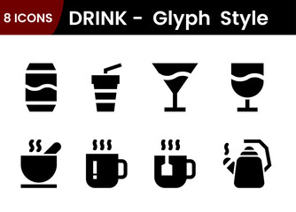 DRINK -  Glyph  Style, Drinks vector icon set. cocktail illustration symbol collection. drink sign or logo. Silhouettes Set 