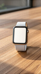 Smartwatch mockup on wooden table with natural light  