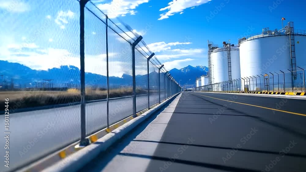 Poster wide shot of an lng storage tank surrounded by high-tech security fencing and sensors, highlighting 