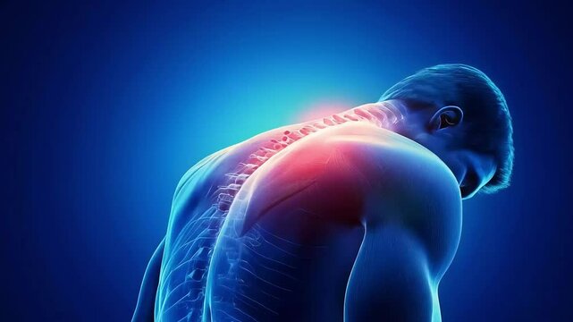 3D illustration of male upper back pain highlighting spine inflammation