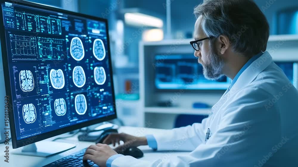 Poster a radiologist in a modern hospital setting, focused on a high-tech computer screen displaying ai-ass