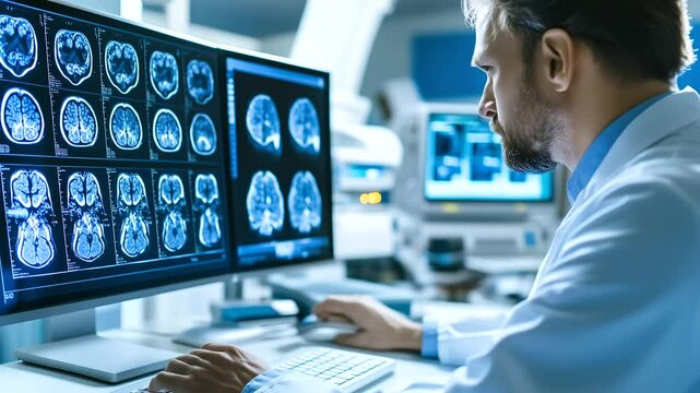 A radiologist in a modern hospital setting, focused on a high-tech computer screen displaying AI-assisted medical images, analyzing a D scan with precision.