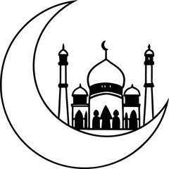 Mosque in Moon in Black and white. Vector EPS 10