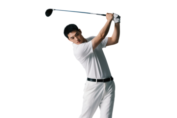 Golfer swinging golf club isolated on transparent background