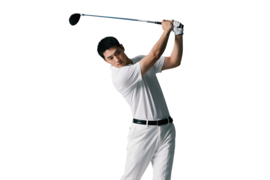 Golfer swinging golf club isolated on transparent background