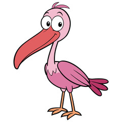 Cute pink cartoon bird standing and smiling with big eyes, isolated on white