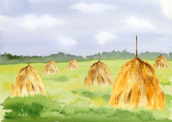 watercolor green agricultural field with yellow-beige haystacks, fresh grass, blue sky, white clouds, idyllic rural scene, country landscape, animal feed, farmland ideally background for card, blogs