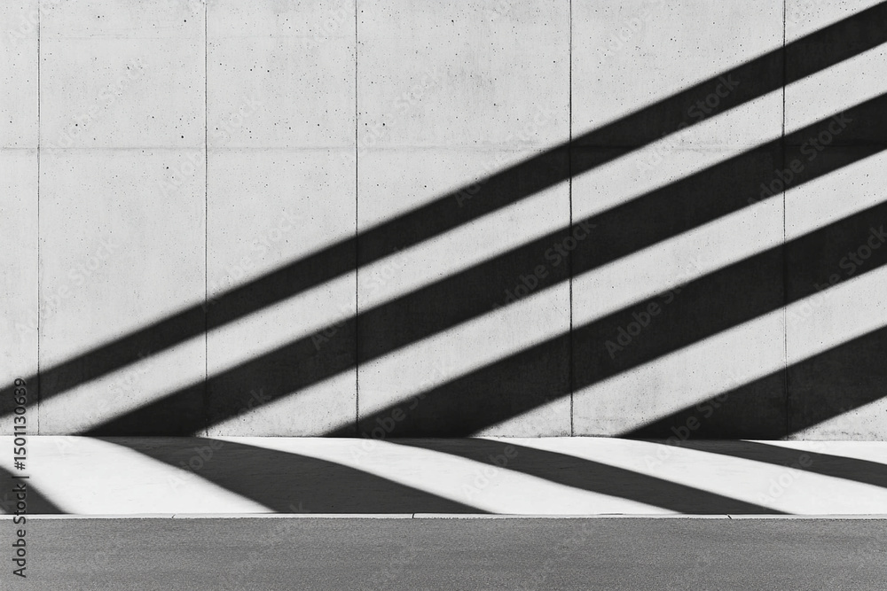 Poster geometric shadow patterns create a chaotic interplay on a concrete wall during midday light