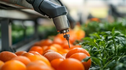 Modern food factory technology, integrated robotics with IoT devices, efficient process layout