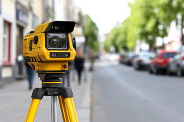 Geodetic survey instrument set up on a city street during daylight for precise measurements and data collection