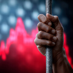 Hand gripping a metal bar with blurred red background.